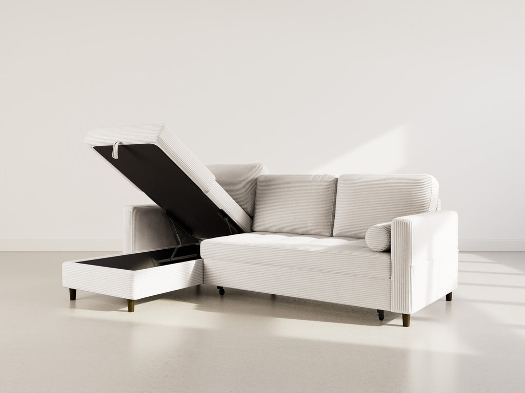 Marceau - Canapé D'Angle Réversible 4 Places Convertible Avec Coffre - Velours Côtelé - Beige