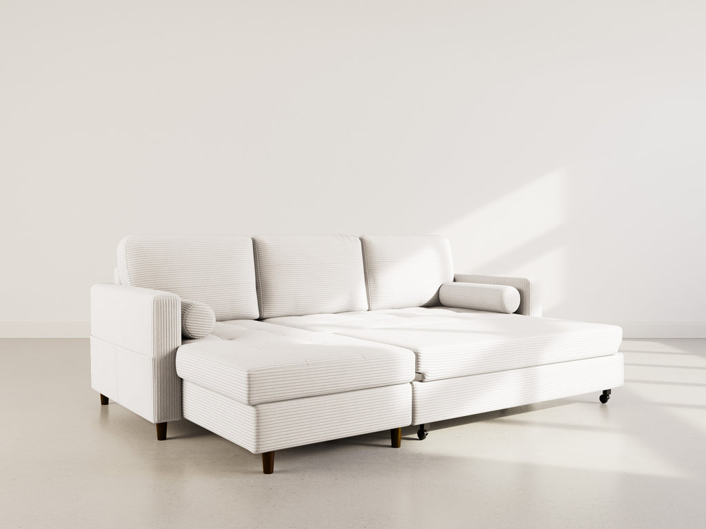 Marceau - Canapé D'Angle Réversible 4 Places Convertible Avec Coffre - Velours Côtelé - Beige