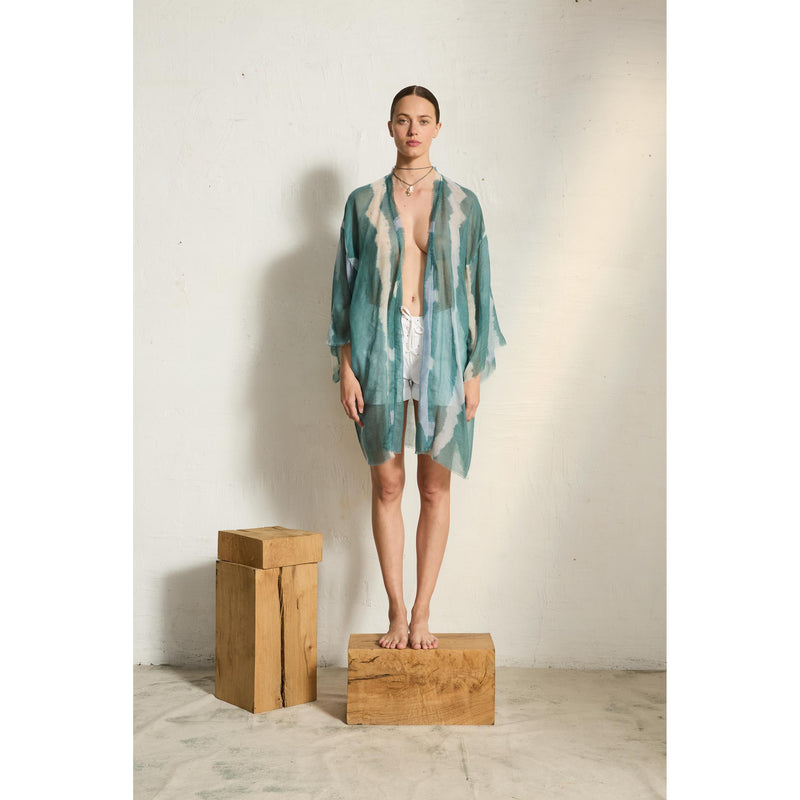 Kimono Mi-Long Rachel Etamine De Laine Tie And Dye - Lagon