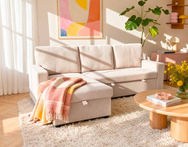 Meiya - Reversible 4-Seater Convertible Corner Sofa With Storage Compartment - Corduroy - Beige