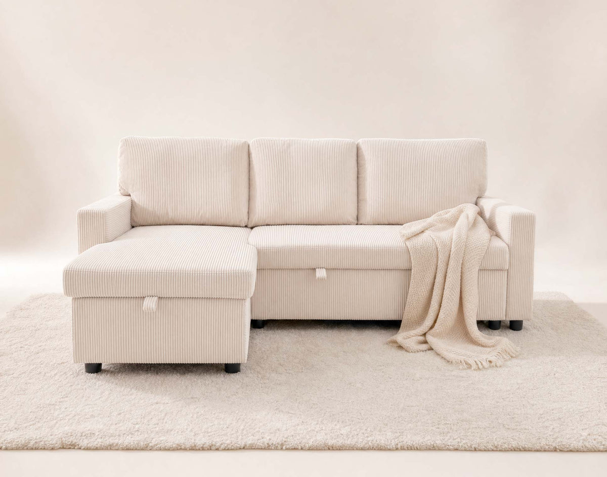 Meiya - Reversible 4-Seater Convertible Corner Sofa With Storage Compartment - Corduroy - Beige