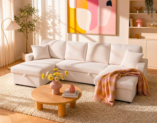 Meiya - 7-Seater Panoramic Sofa Bed with Storage Compartment - Corduroy - Beige