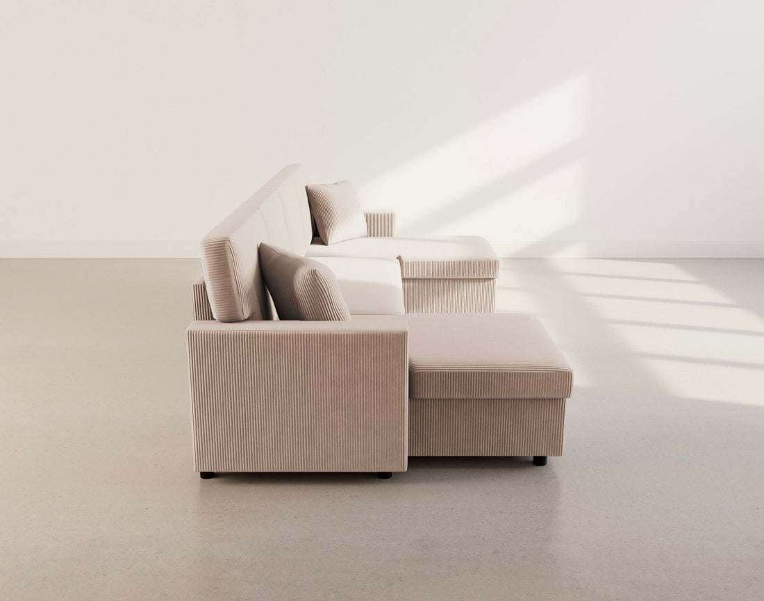 Meiya - Sofá panorámico convertible de 7 plazas con baúl - Terciopelo acanalado - Beige