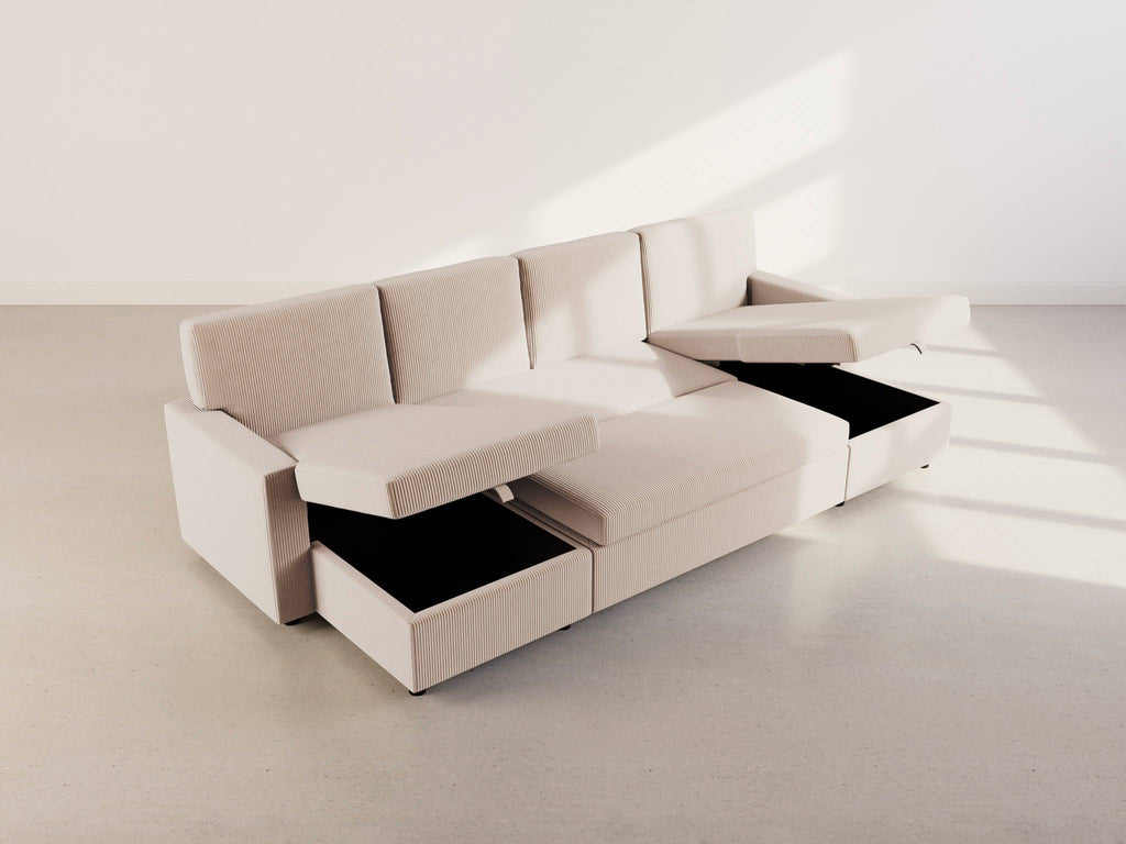 Meiya - Sofá panorámico convertible de 7 plazas con baúl - Terciopelo acanalado - Beige