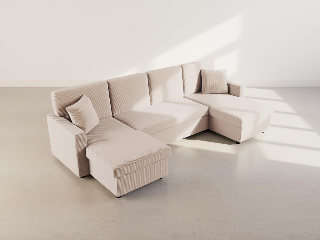 Meiya - Sofá panorámico convertible de 7 plazas con baúl - Terciopelo acanalado - Beige