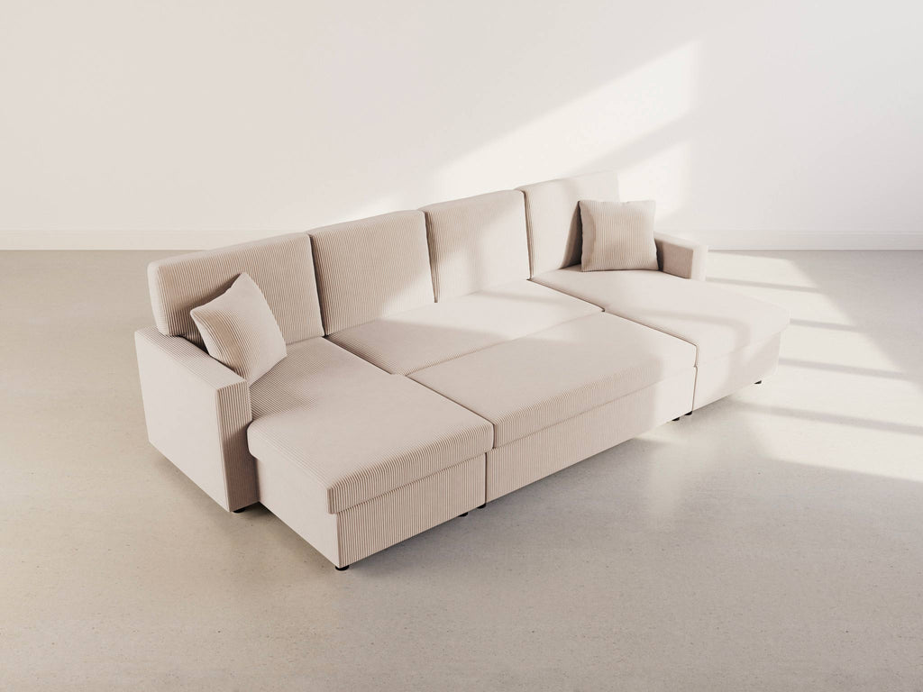 Meiya - Sofá panorámico convertible de 7 plazas con baúl - Terciopelo acanalado - Beige
