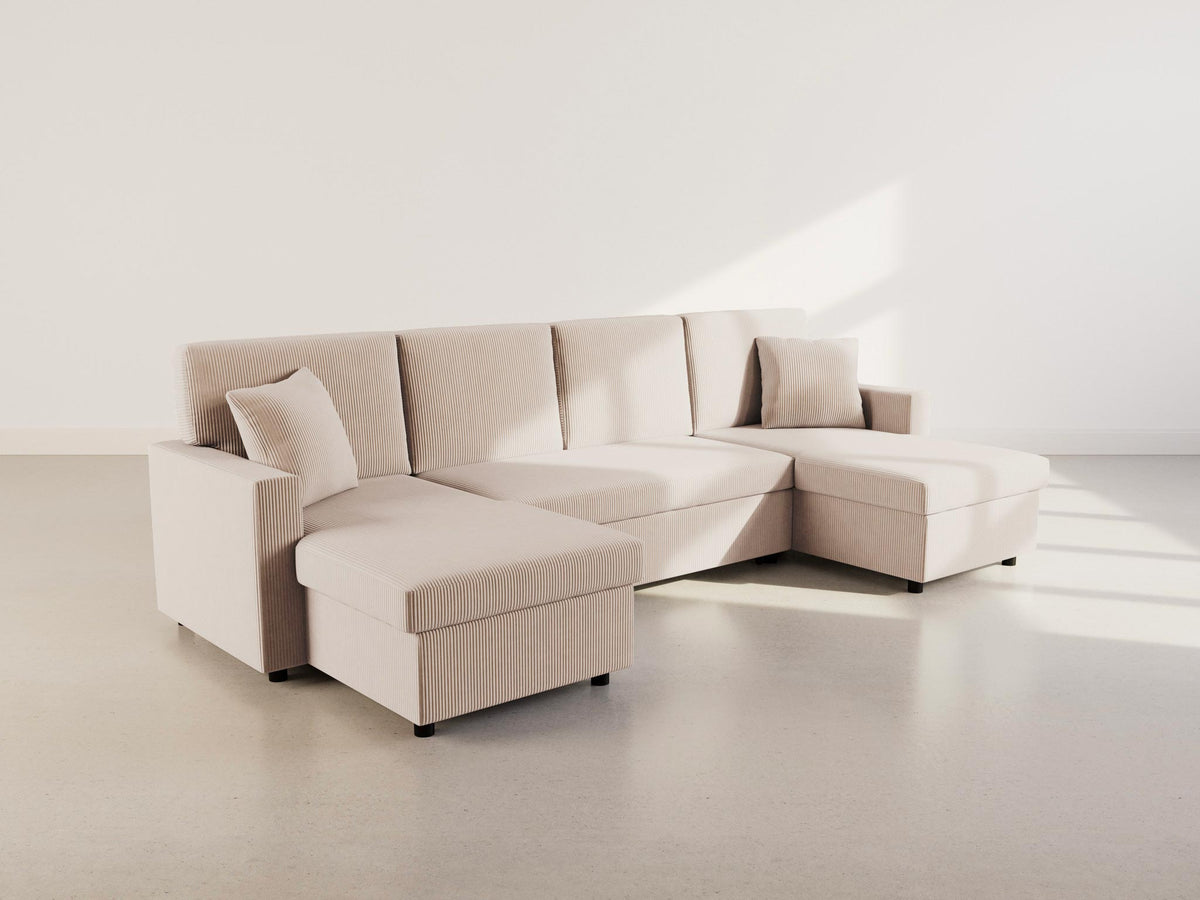 Meiya - Sofá panorámico convertible de 7 plazas con baúl - Terciopelo acanalado - Beige
