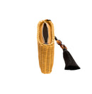 Melita natural clutch bag made from raffia with leather lining and stone tassel, perfect for summer nights.