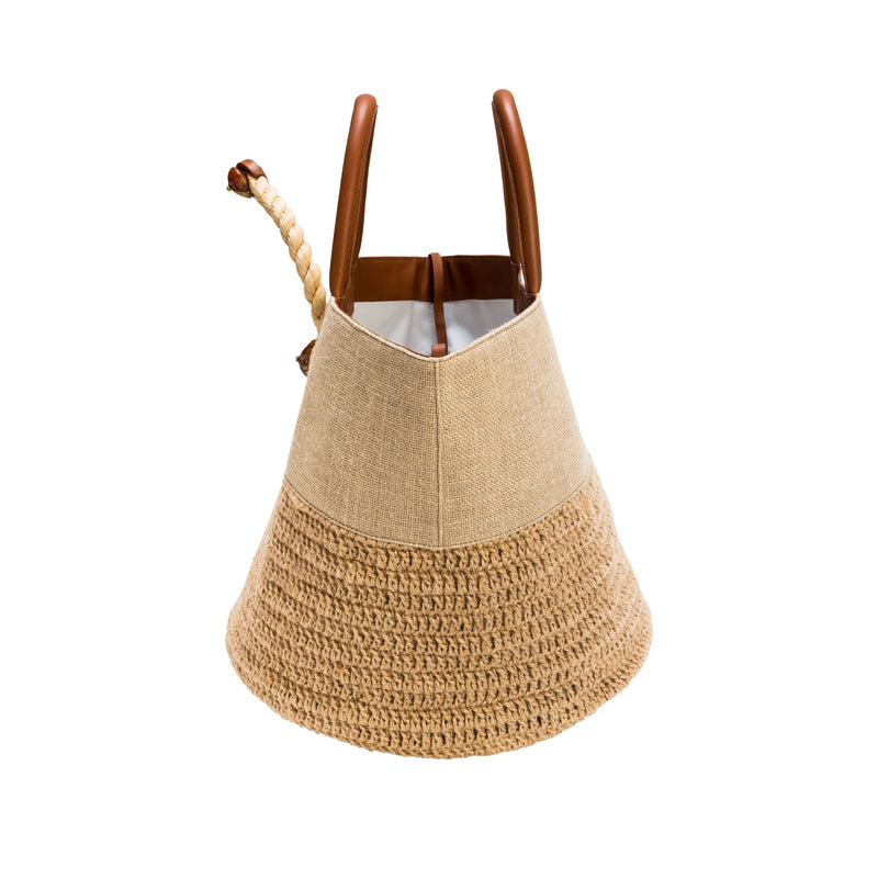 Melita Natural Large Tote Bag, showcasing smooth raffia with woven details and chic leather handles.