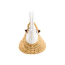 Back view of the Melita Off-White Mini Tote Bag featuring woven raffia and leather elements.