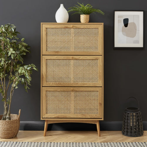 Shoe Cabinet - Ines - Oak Effect and Rattan Cane