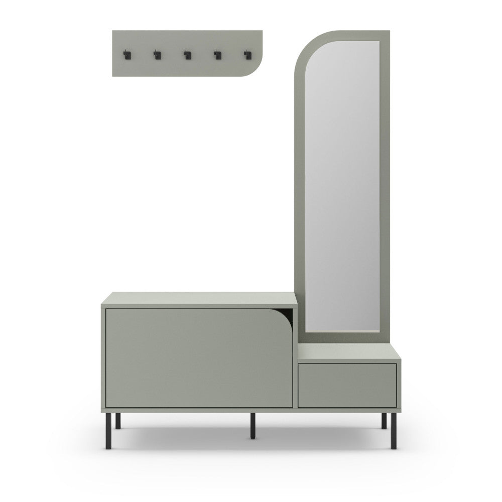 Silvar - 2-Door Entrance Unit with Mirror and Clothes Rail - Wood and Metal - Almond Green