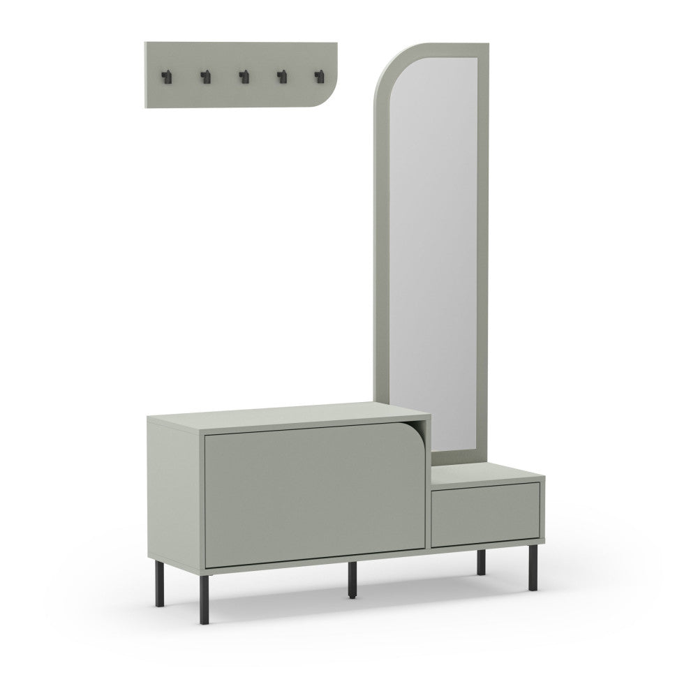 Silvar - 2-Door Entrance Unit with Mirror and Clothes Rail - Wood and Metal - Almond Green