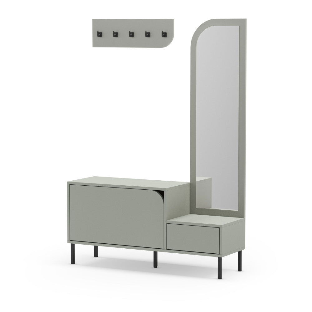 Silvar - 2-Door Entrance Unit with Mirror and Clothes Rail - Wood and Metal - Almond Green