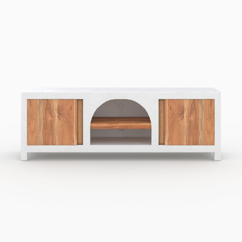 Meuble TV Fira en plâtre blanc cassé et bois d'acacia
