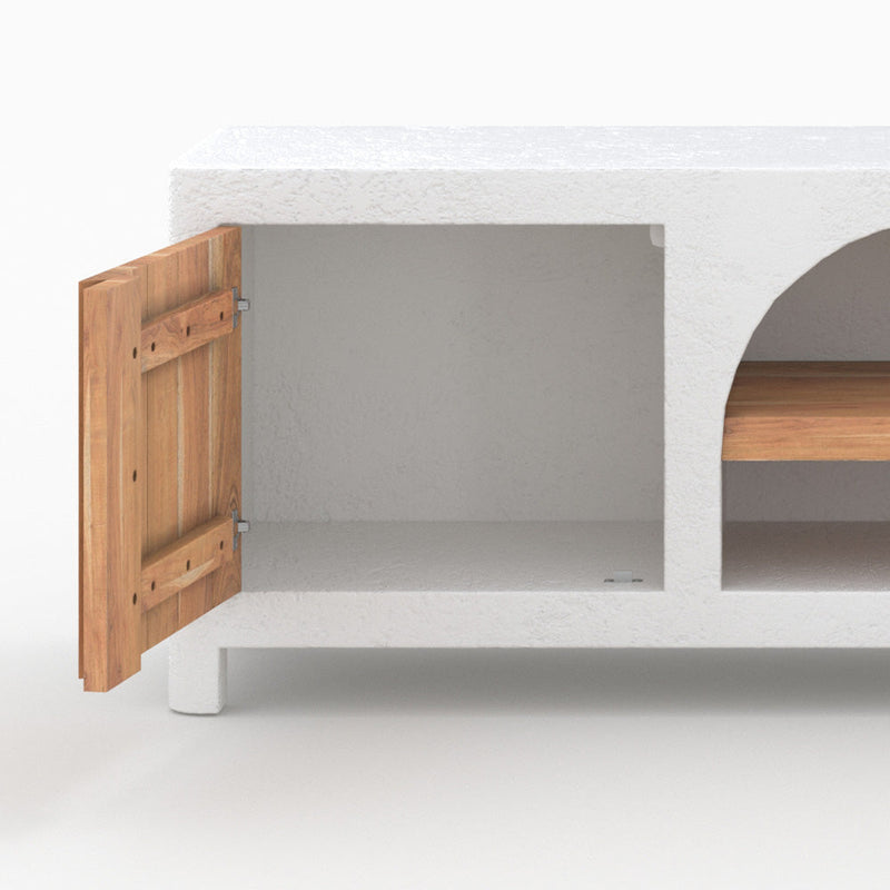 Meuble TV Fira en plâtre blanc cassé et bois d'acacia