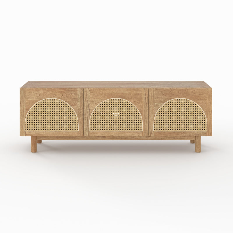 Meuble TV Delya en bois massif de mindi et rotin 160 cm