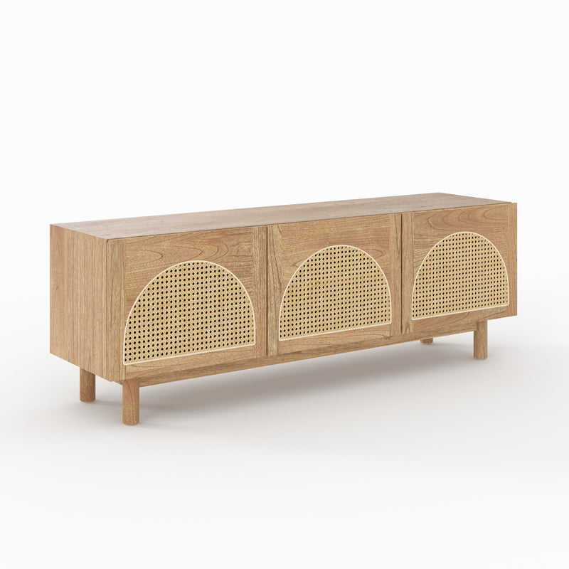 Meuble TV Delya en bois massif de mindi et rotin 160 cm