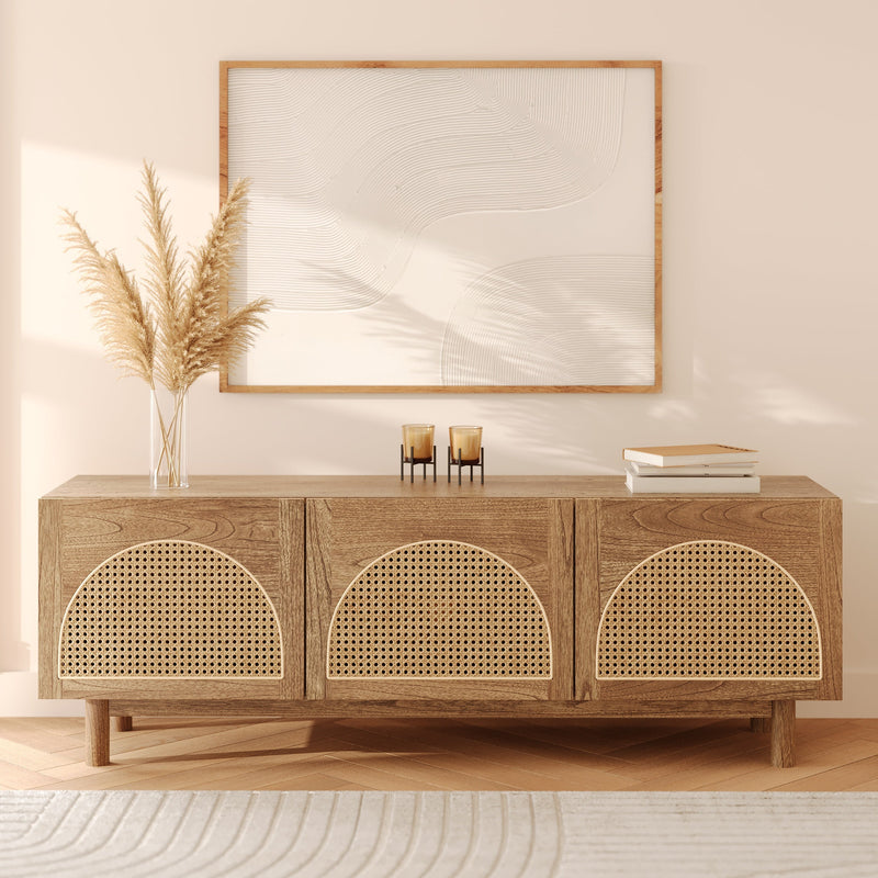 Meuble TV Delya en bois massif de mindi et rotin 160 cm