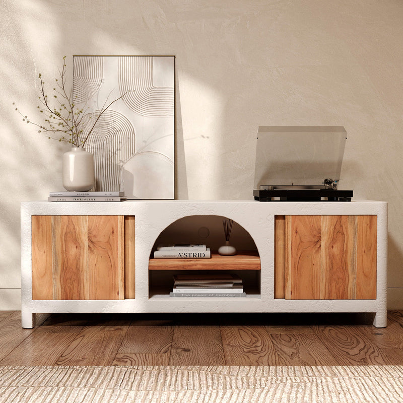 Meuble TV Fira en plâtre blanc cassé et bois d'acacia