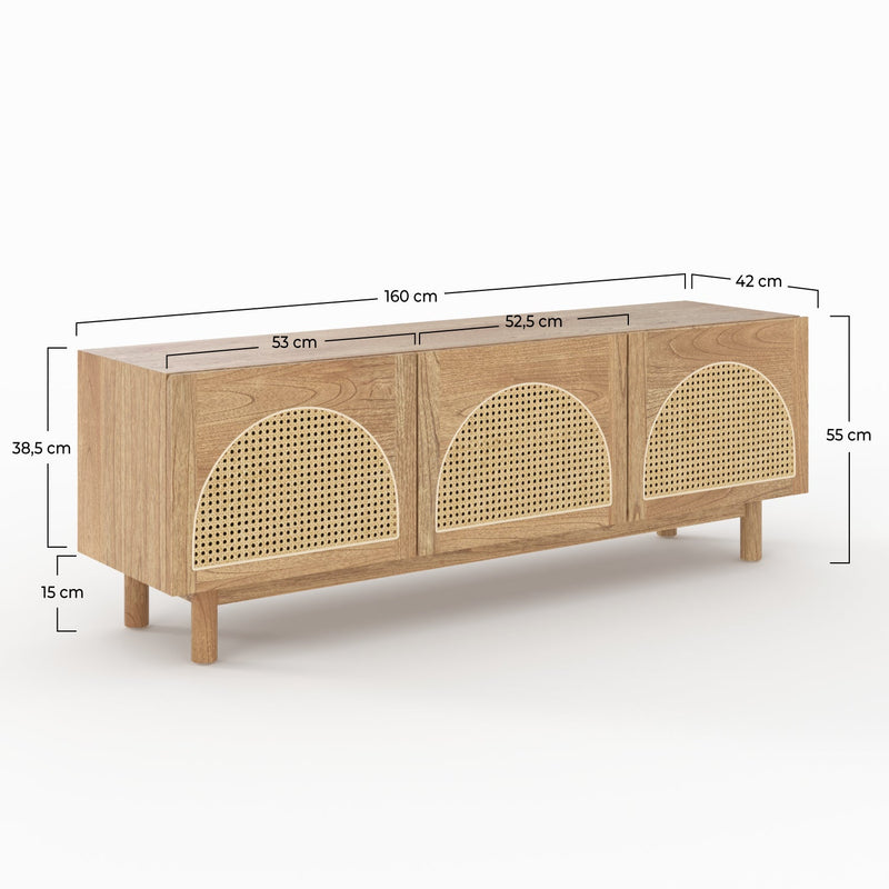 Meuble TV Delya en bois massif de mindi et rotin 160 cm