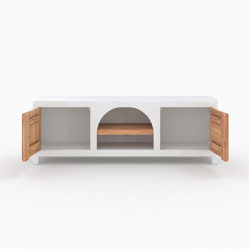 Meuble TV Fira en plâtre blanc cassé et bois d'acacia