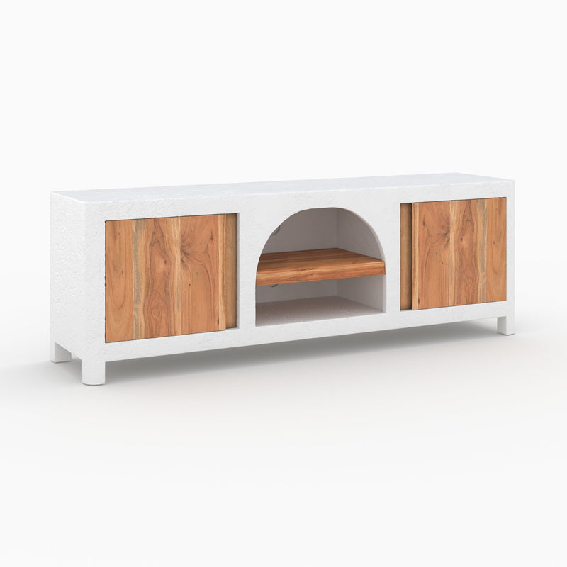 Meuble TV Fira en plâtre blanc cassé et bois d'acacia