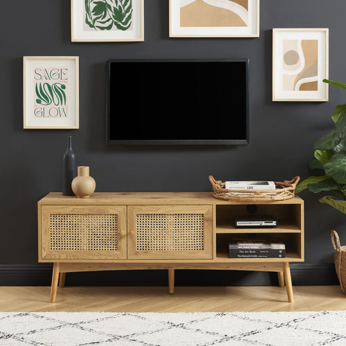 TV stand - Ines - Oak and rattan effect