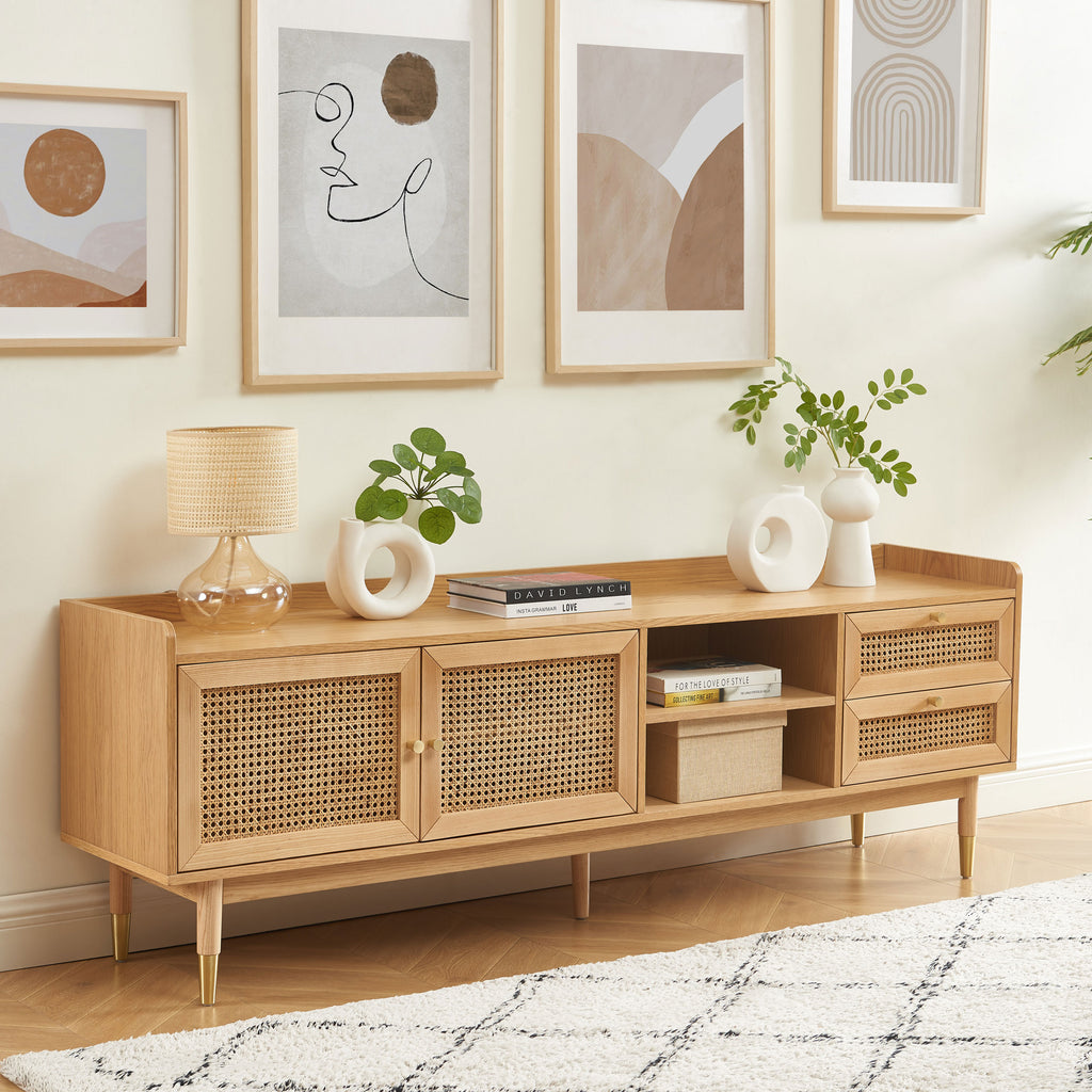 Leon TV Unit - Oak Veneer and Rattan Caning