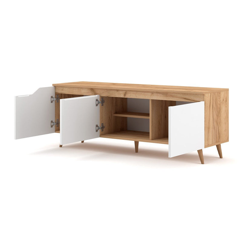 Blanc Mueble de TV escandinavo de 3 puertas en decoración de madera clara - Árbol - Blanc