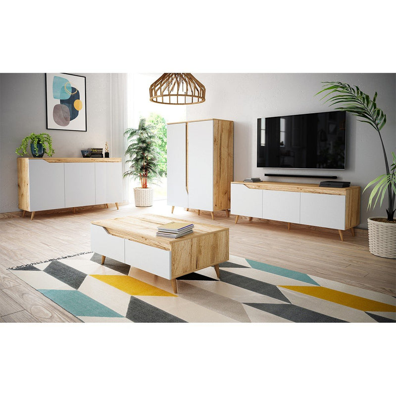 Meuble Tv Scandinave 3 Portes Décor Bois Clair Et Blanc - Tree - Blanc