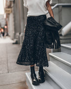 Black Long Sequin Skirt Black Biker Boots Off White Dry Cotton Vintage Shirt Leather Jacket - Pro...