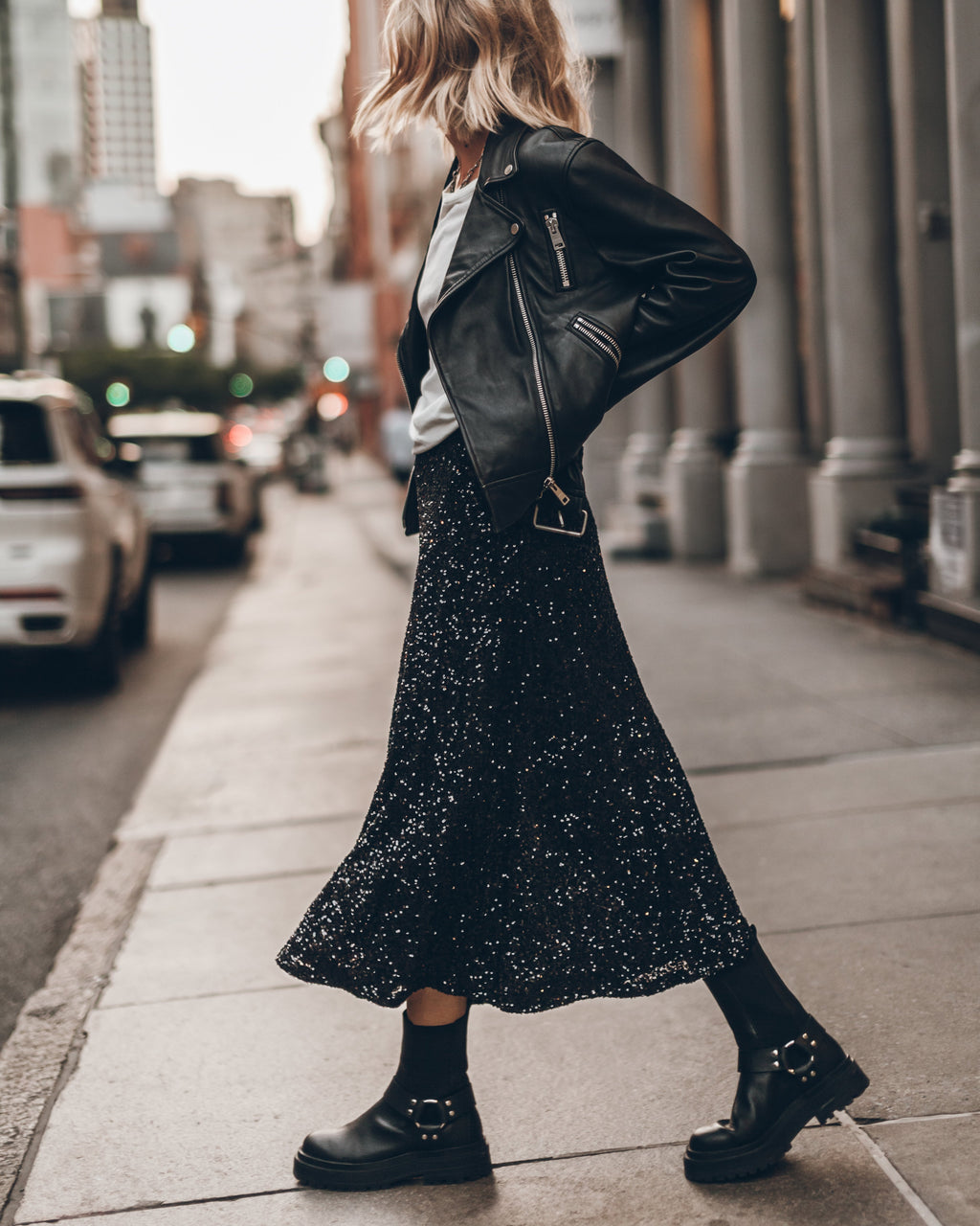 Black Long Sequin Skirt Black Biker Boots Off White Dry Cotton Vintage Shirt Leather Jacket - Pro...