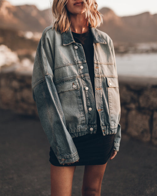 Blue Denim Jacket Dark Short Draped Shirt Dress - Product photo