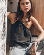 The Black Asymmetrical Top The Blue Straight Slit Jeans The Me Necklace Desert California - Produ...