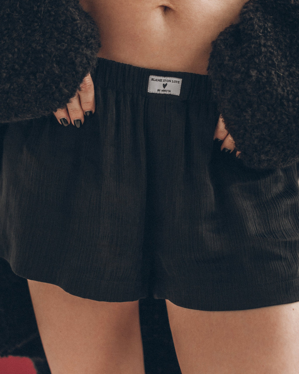 MIKUTA black crinkle boxer shorts with cardigan - Valentine's loungewear