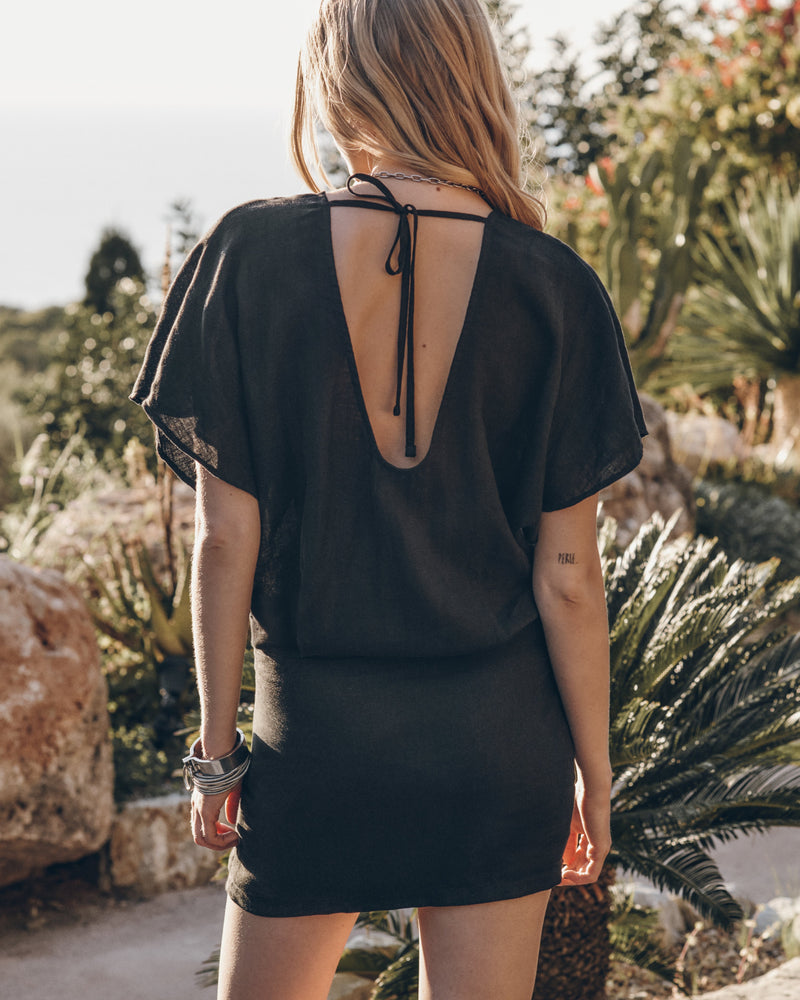 The Black Short Linen Bat Dress - Product photo