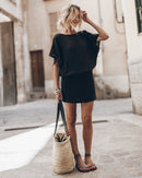 The Black Short Linen Bat Dress The Black Thin Studded Leather Sandals The Large Cesta Bag - Prod...