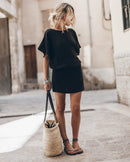 The Black Short Linen Bat Dress The Black Thin Studded Leather Sandals The Large Cesta Bag - Prod...