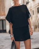 The Black Short Linen Bat Dress The Black Thin Studded Leather Sandals The Large Cesta Bag - Prod...