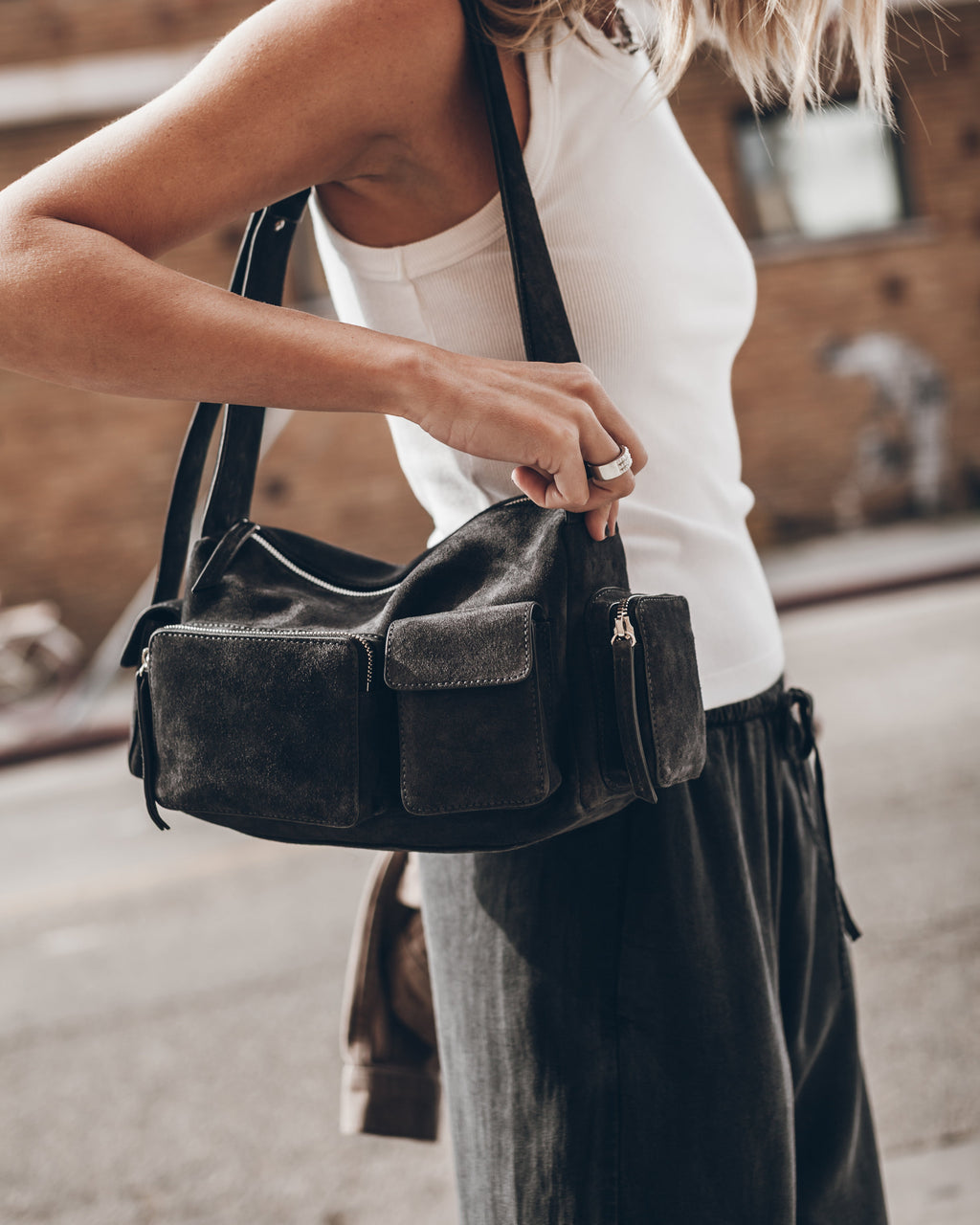 The Dark Suede Minou Bag The White Standard Tank Top The Black Breezy Pants Los Angeles Californi...