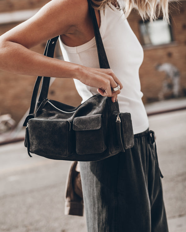 The Dark Suede Minou Bag The White Standard Tank Top The Black Breezy Pants Los Angeles California...