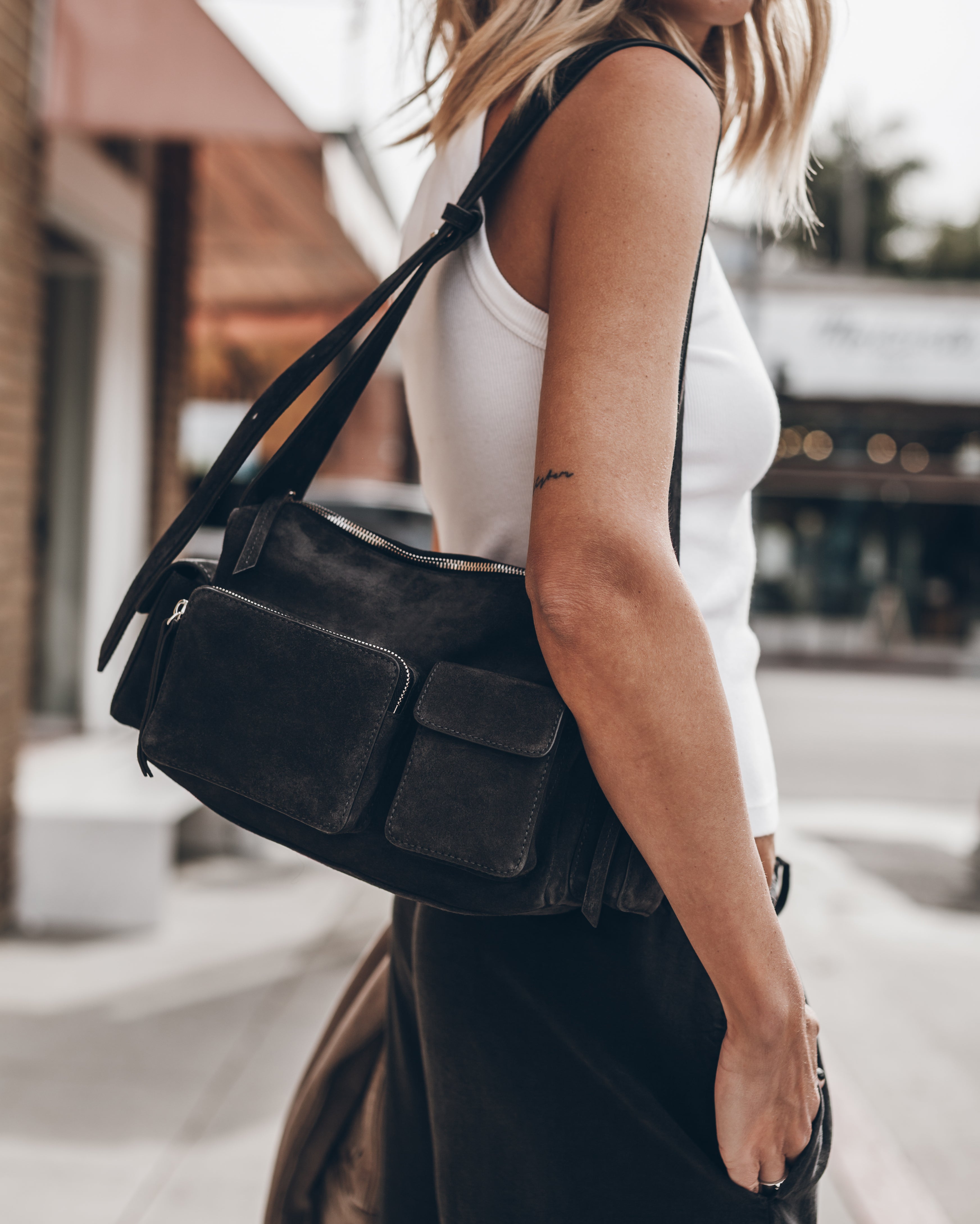The Dark Suede Minou Bag The White Standard Tank Top The Black Breezy Pants Los Angeles Californi...