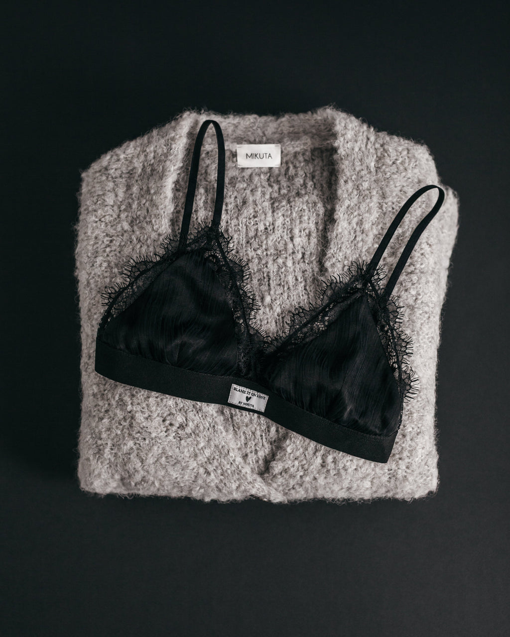 Grey alpaca cardigan with black bralette - Valentine's loungewear set