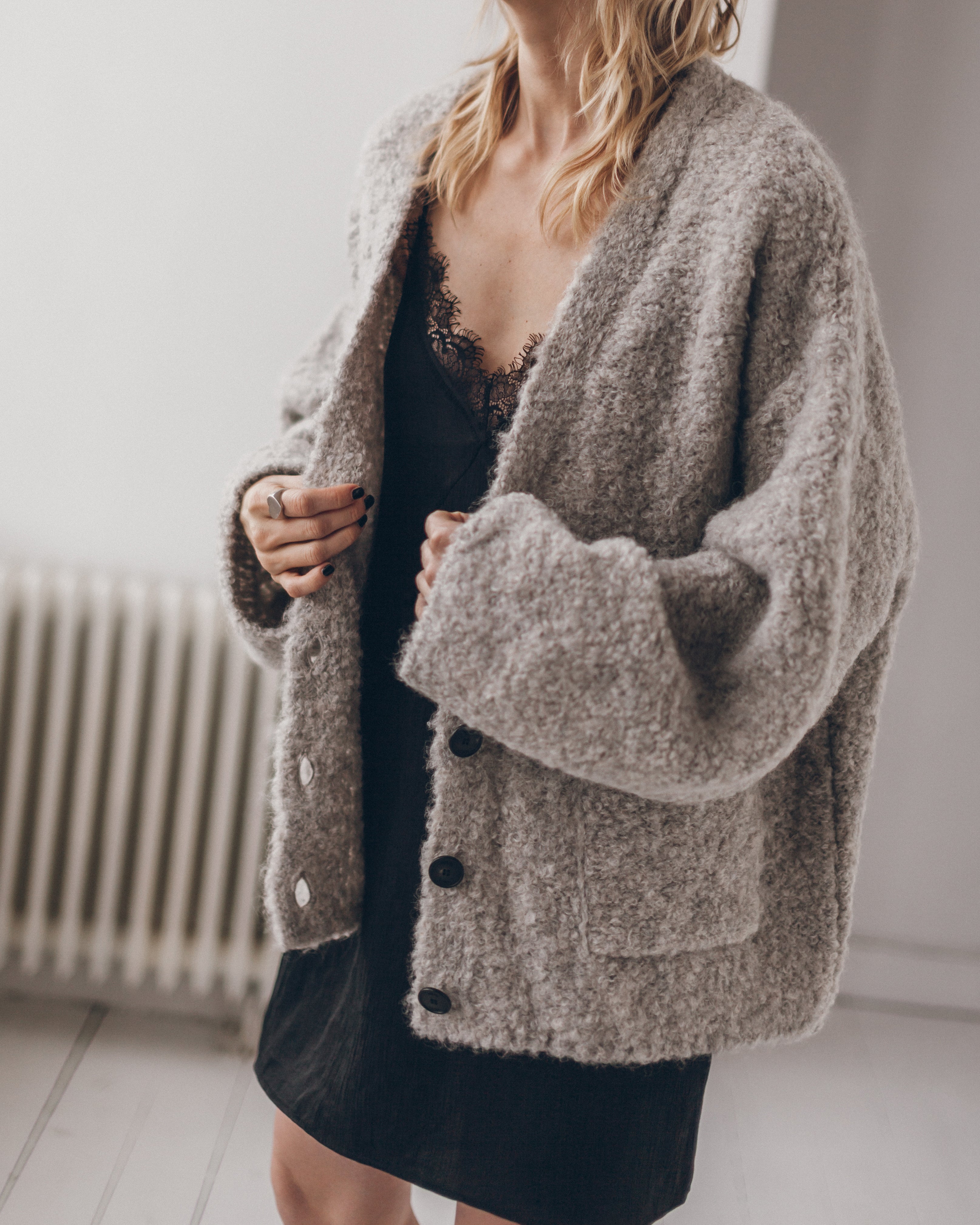 Grey alpaca cardigan styled - romantic Valentine's layering piece
