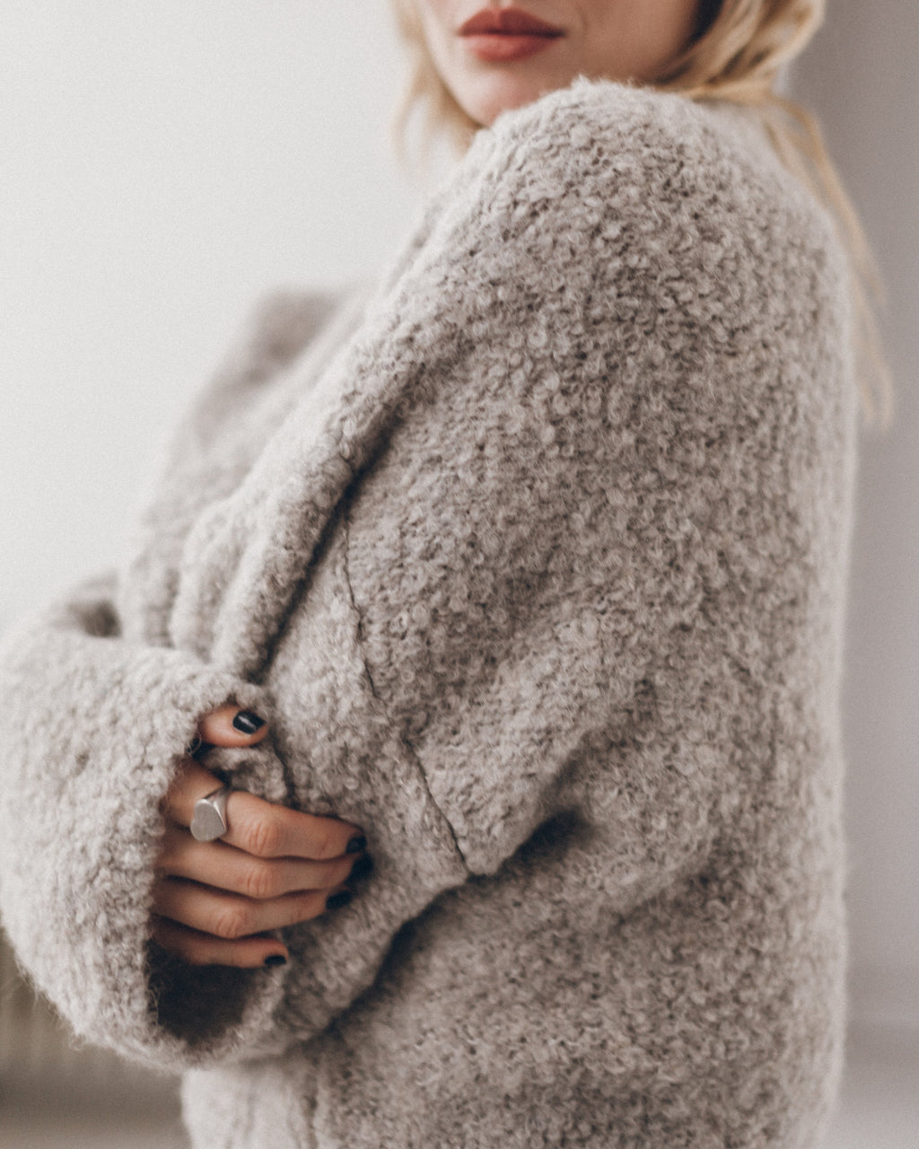 Grey alpaca cardigan with heart ring - romantic Valentine's styling