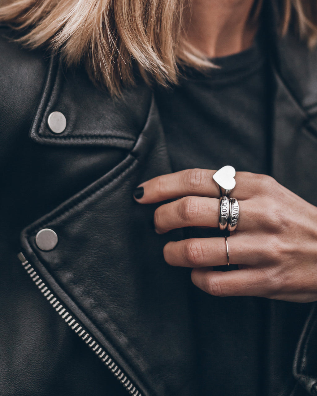 Love me ring with leather jacket - edgy Valentine's jewelry