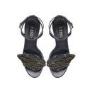 Mirales Black High-Heel Ankle Cross Sandal with stylish leaf detailing and adjustable ankle strap.