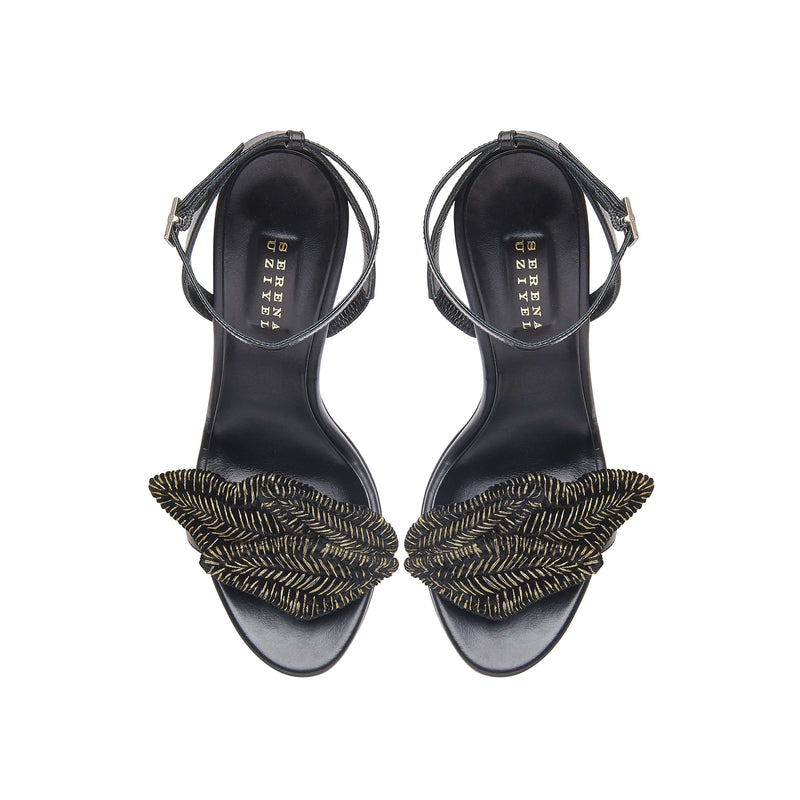 Mirales Black High-Heel Ankle Cross Sandal with stylish leaf detailing and adjustable ankle strap.