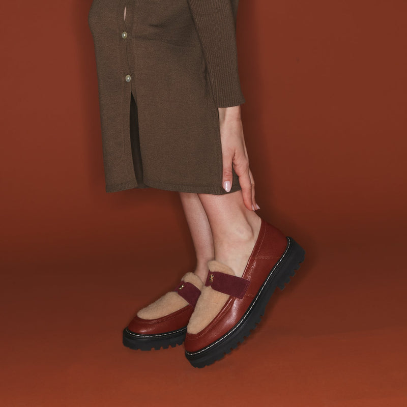 Mocassin Cuir Mia Ecorce Et Peau Lainee Creme